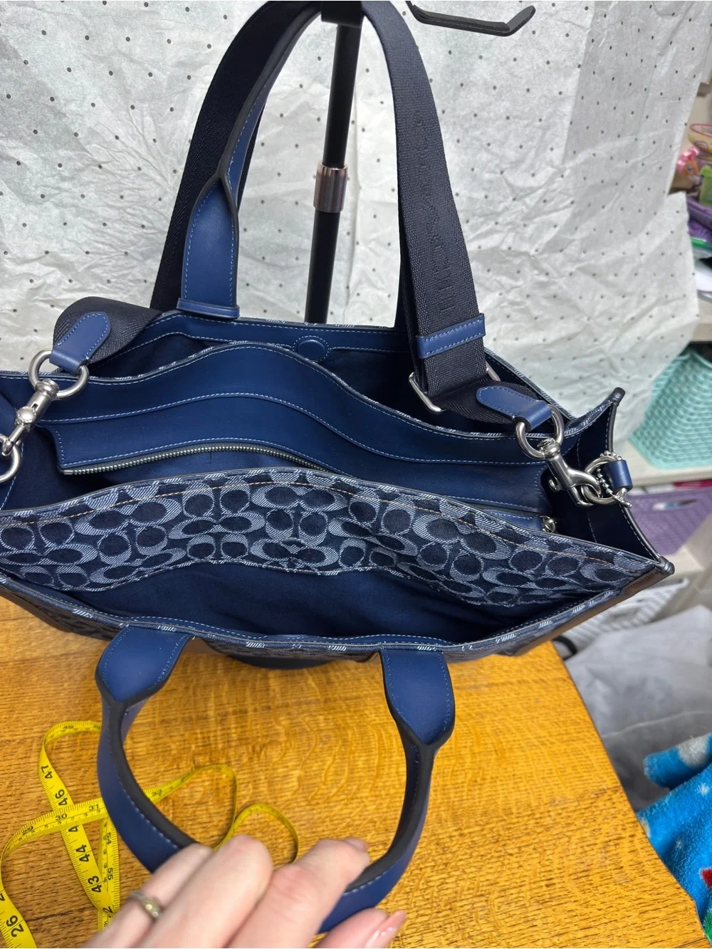 NEW Coach Wesley Blue denim Signature Monogram Tote with Leather Trim